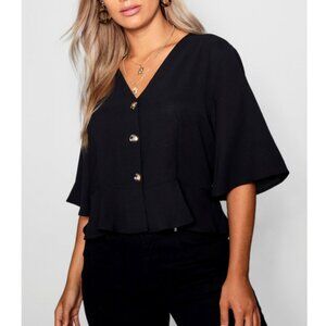 Boohoo Black Short Loose Horn Hem Button-up Top 16